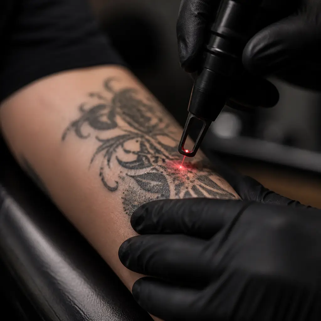 Oude tattoo wordt weggelaserd op de onderarm met een laserpen