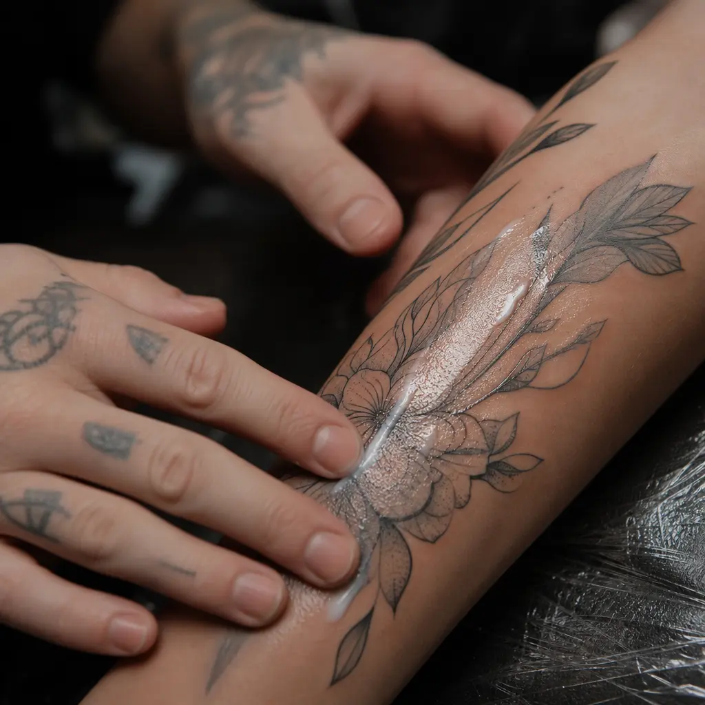 Dun laagje nazorgcreme op een verse tattoo