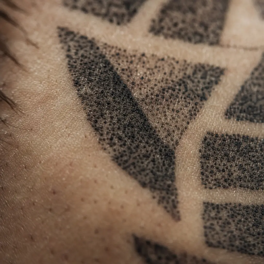 Dotwork tattoo opgebouwd uit punten