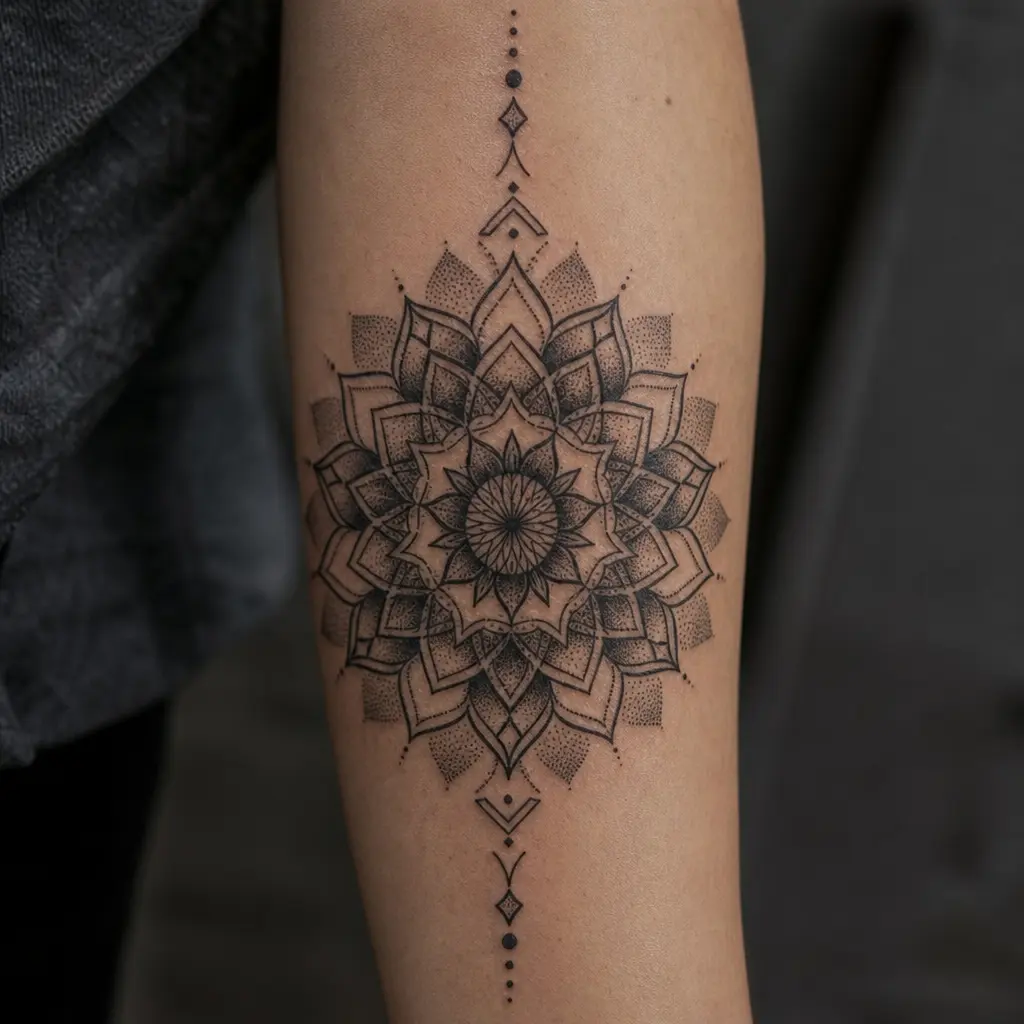 Mandala tattoo met strakke symmetrie