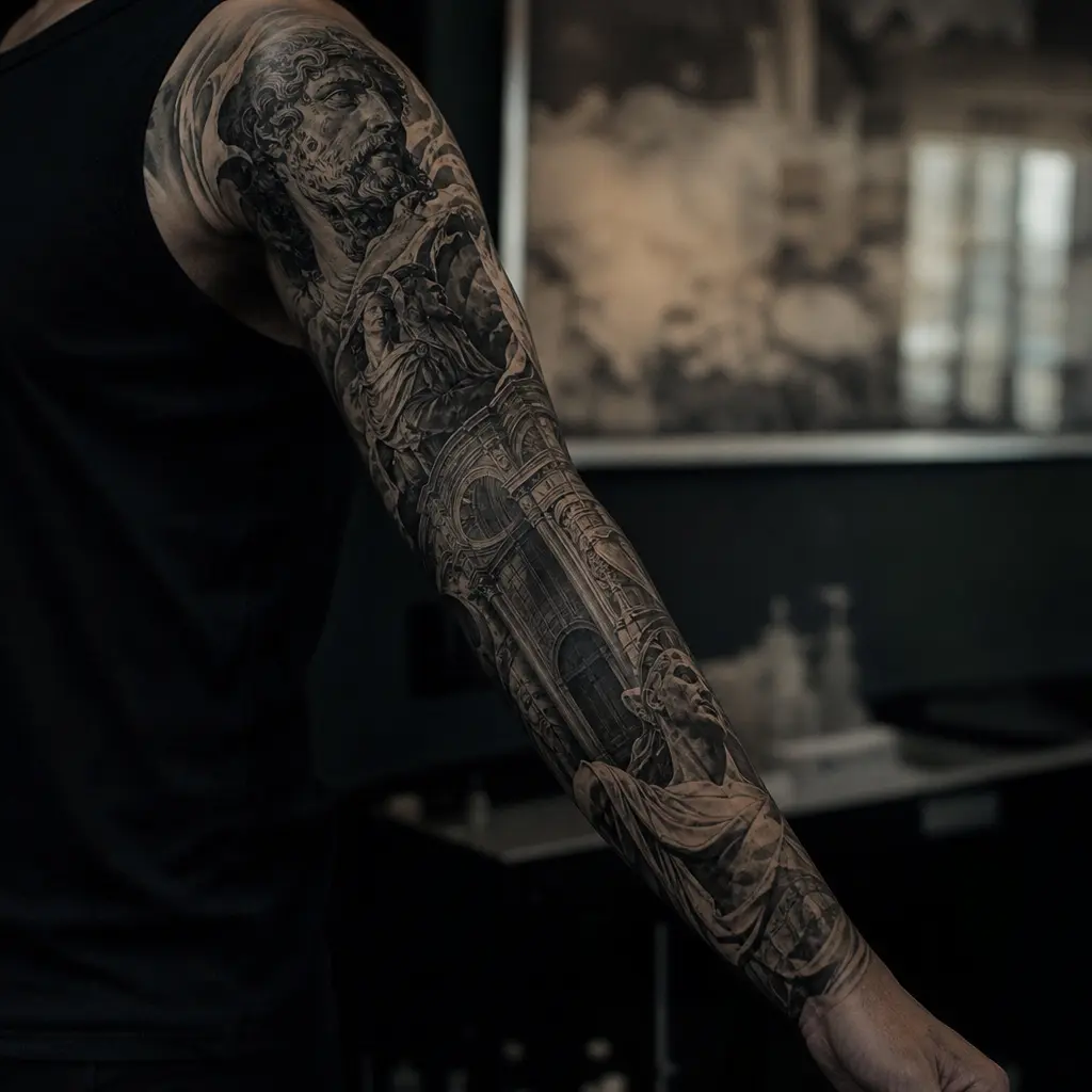 Volledige sleeve tattoo op een arm