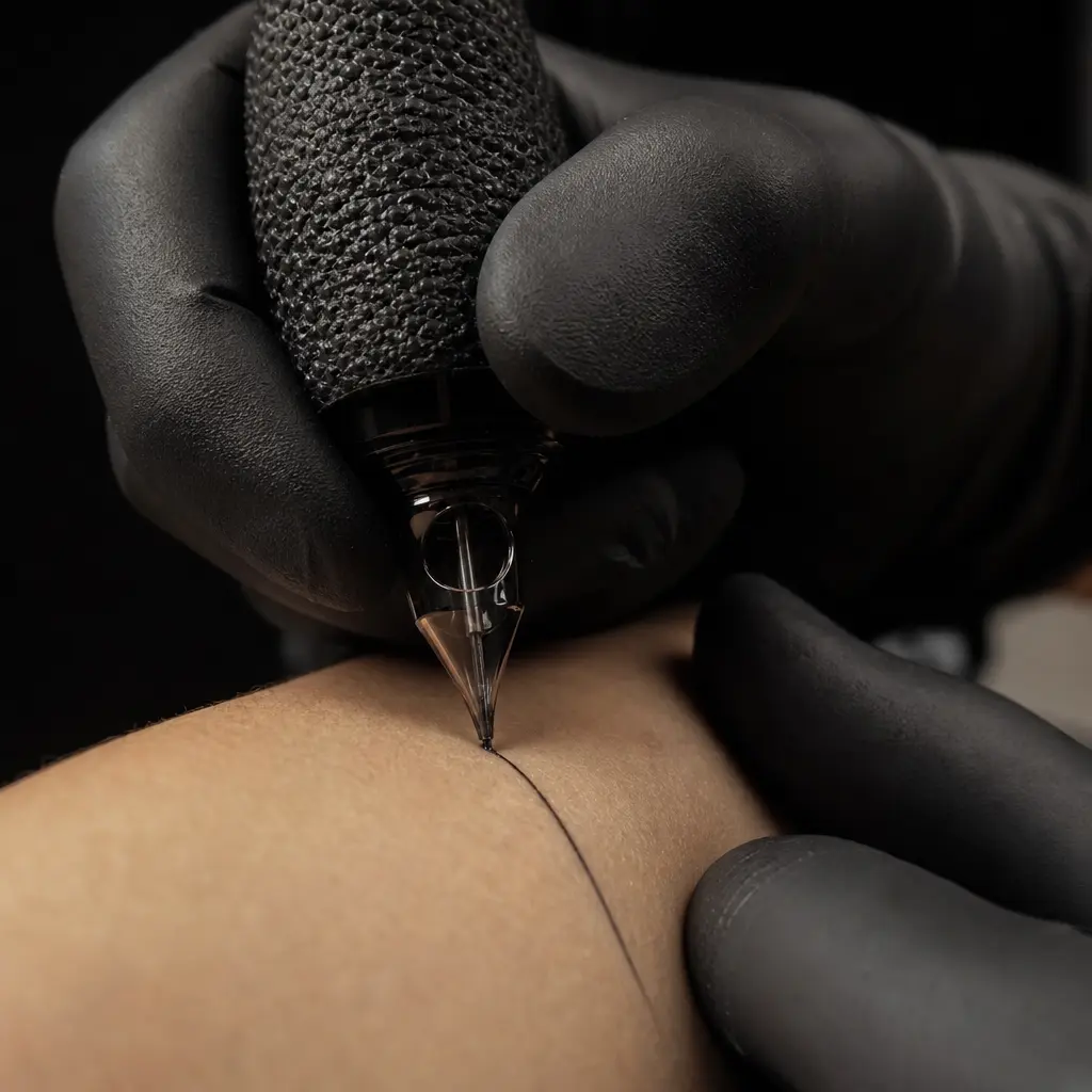 Fine line tattoo gezet met een enkele naald, close-up van de naald op de huid