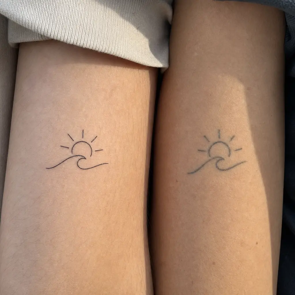Twee genezen fine line tattoos naast elkaar, verschil in scherpte na verloop van tijd