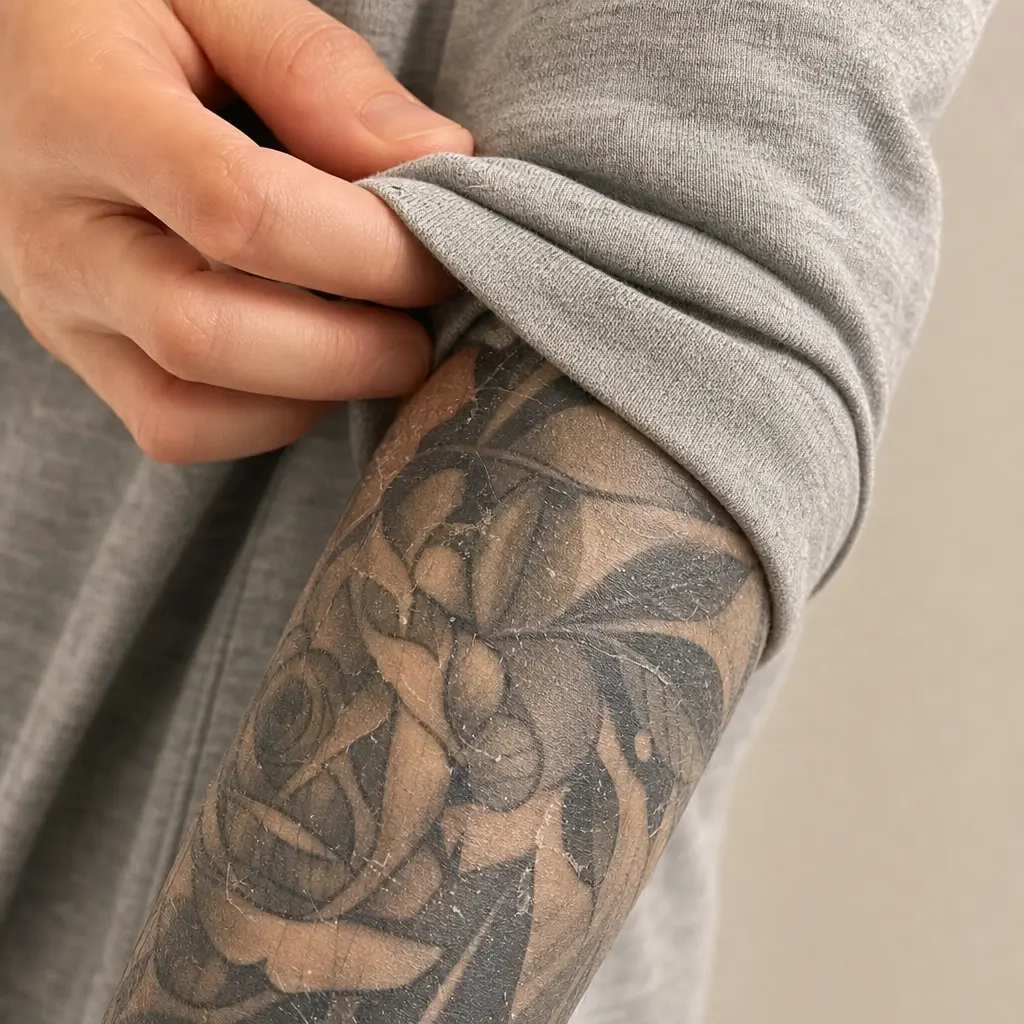 Verse tattoo op de onderarm beschermd onder een zachte lange mouw