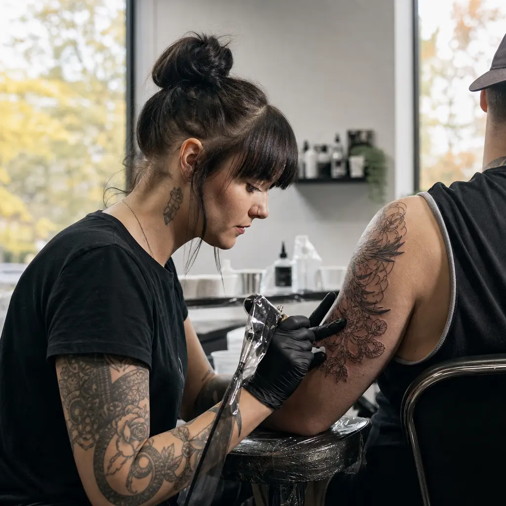 Tattoo artist aan het werk in de studio van Artcastle in Zeist