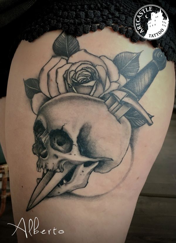 ArtCastleTattoo Tattoo ArtiestAlberto Rose and skull on arm Black n Grey Black n Grey