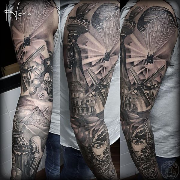ArtCastleTattoo Tattoo ArtiestHoria Black n Grey sleeve with famous places on earth realistic tattoo Sleeves