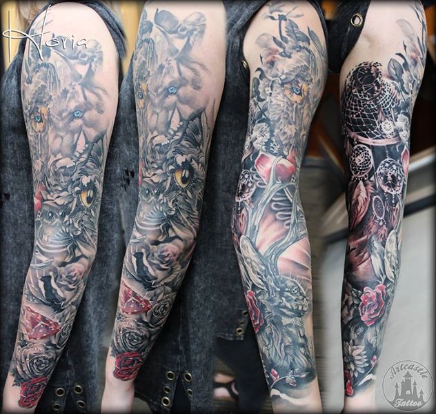 ArtCastleTattoo Tattoo ArtiestHoria Full sleeve with animals roses diamonds and a dreamcatcher black n grey and color splashes abstract sleeve tattoo Sleeves