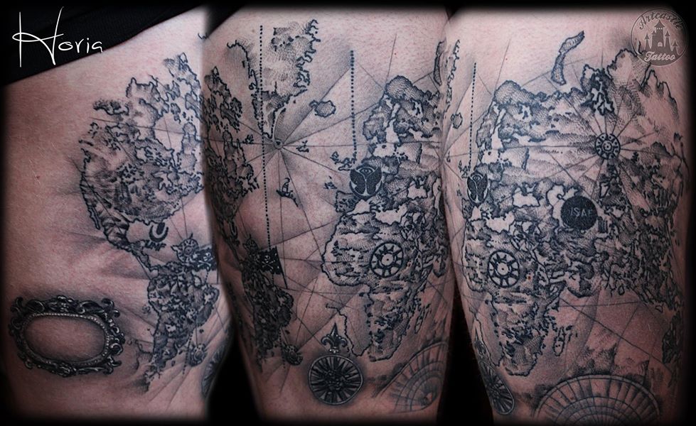 ArtCastleTattoo Tattoo ArtiestHoria Realistic world map tattoo black n grey on upper leg Black n Grey