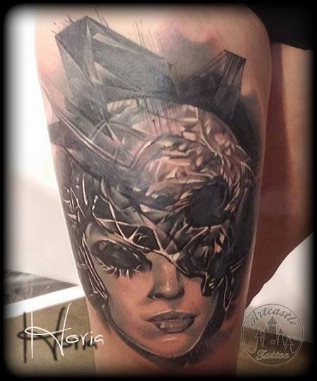 ArtCastleTattoo Tattoo ArtiestHoria Womans portrait tattoo black n grey on upper leg BlacknGrey