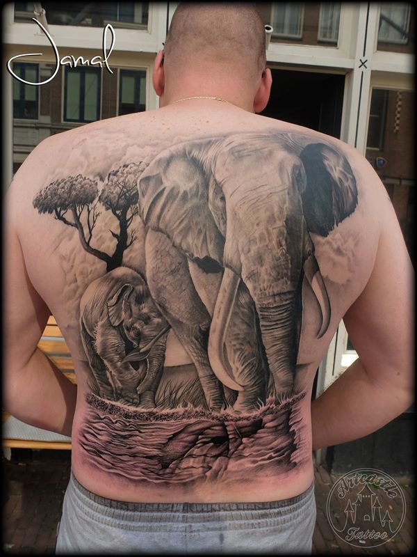 ArtCastleTattoo Tattoo ArtiestJamal Backpiece Realistic Elephant in Africa Black n Grey