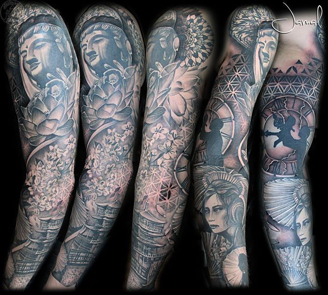 ArtCastleTattoo Tattoo ArtiestJamal Full realistic buddha tattoo sleeve with lotus flower cherry blossom a geisha and clock Sleeves