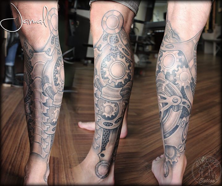 ArtCastleTattoo Tattoo ArtiestJamal Healed Mechanical half leg sleeve in black n grey realism with gears Black n Grey