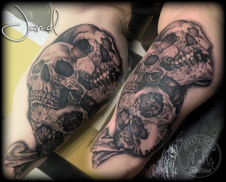 ArtCastleTattoo Tattoo ArtiestJamal Realistic Skull Fusion Start of a Sleeve Black n Grey