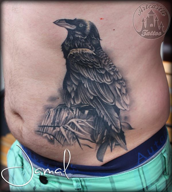 ArtCastleTattoo Tattoo ArtiestJamal Realistic crow tattoo in the side in black n grey all healed up Black n Grey