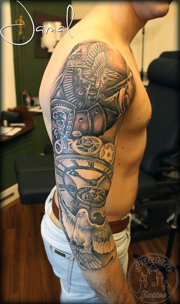 ArtCastleTattoo Tattoo ArtiestJamal Realistic sleeve with a warrior pocketwatch and a dove Sleeves