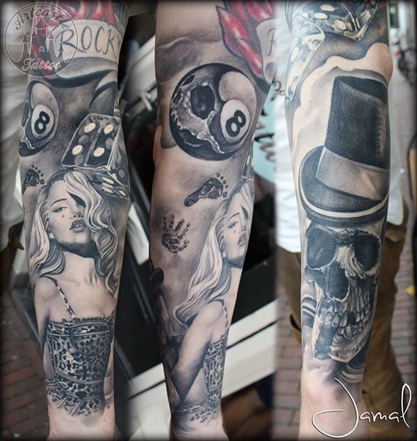 ArtCastleTattoo Tattoo ArtiestJamal Underarm sleeve with Realistic girl dices an 8 ball and a realistic skull with a top hat healed Sleeves