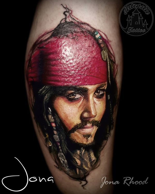 ArtCastleTattoo Tattoo ArtiestJona Realistic portrait of Captain Jack Sparrow from Pirates of the Caribbean Portrait