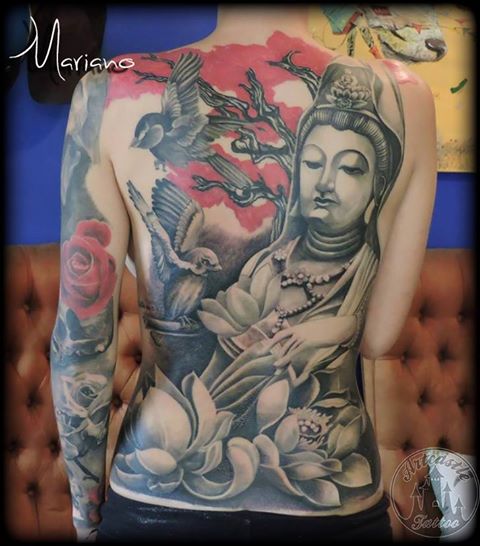 ArtCastleTattoo Tattoo ArtiestMariano Buddha backpiece with color accents Black n Grey
