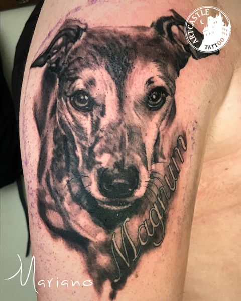 ArtCastleTattoo Tattoo ArtiestMariano Dog on upper arm Animal realism
