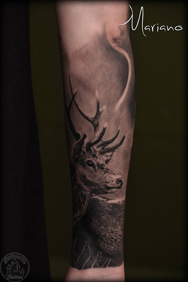 ArtCastleTattoo Tattoo ArtiestMariano Realistic buck deer tattoo on lower arm Black n Grey