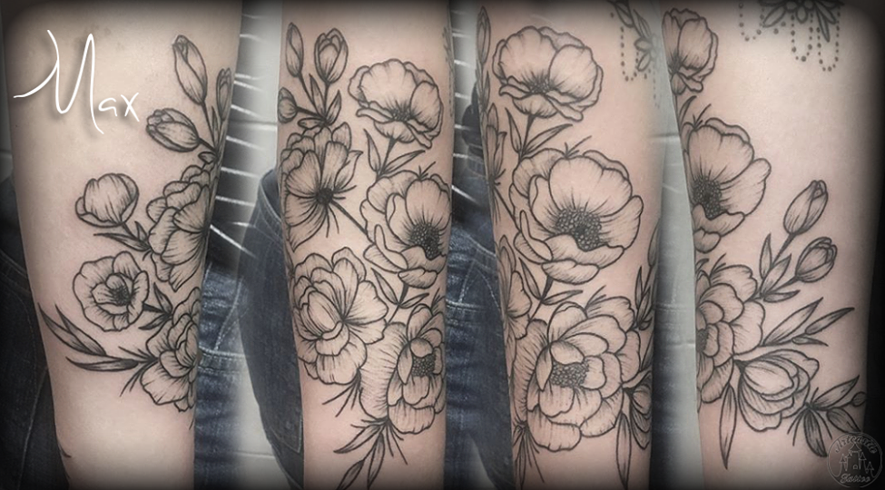 ArtCastleTattoo Tattoo ArtiestMax Delicate flower bouquet wrapping around arm with tight fine lines Blackwork