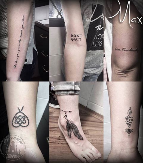ArtCastleTattoo Tattoo ArtiestMax Lettering feathers and a unalome tattoo Black n Grey