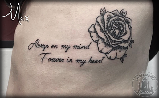 ArtCastleTattoo Tattoo ArtiestMax Lettering side piece with a dotwork rose Lettering