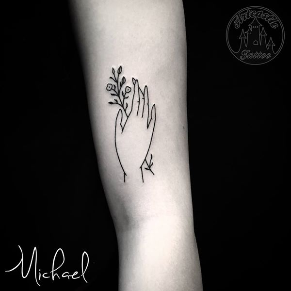 ArtCastleTattoo Tattoo ArtiestMichael Line hand with tiny flowers tattoo minimalist tattoo design Blackwork