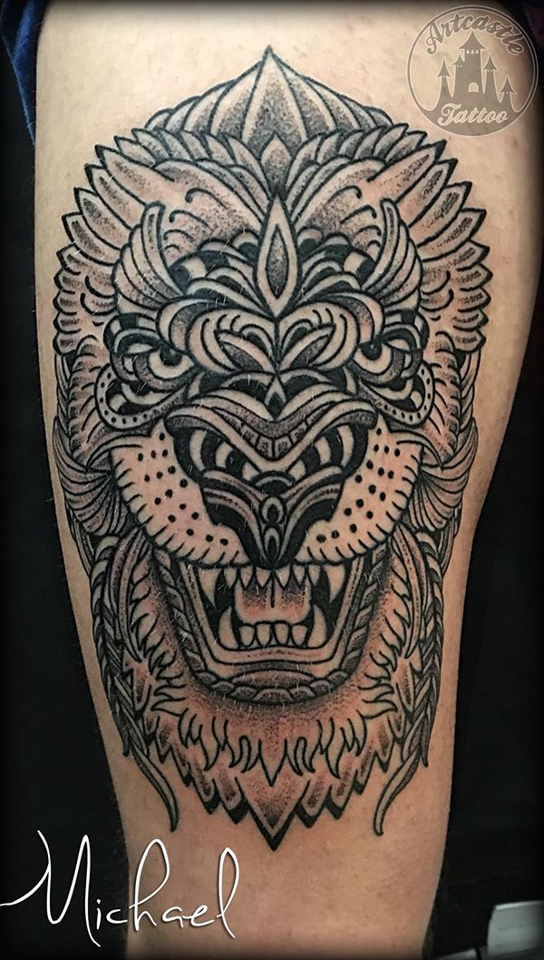 ArtCastleTattoo Tattoo ArtiestMichael Lion mandala design tattoo black n grey Mandala Leeuw ontwerp black and grey Mandala