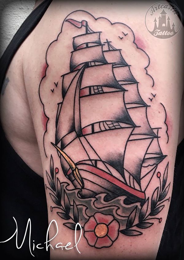 ArtCastleTattoo Tattoo ArtiestMichael Traditional Clipper ship tattoo with color upper arm Old School