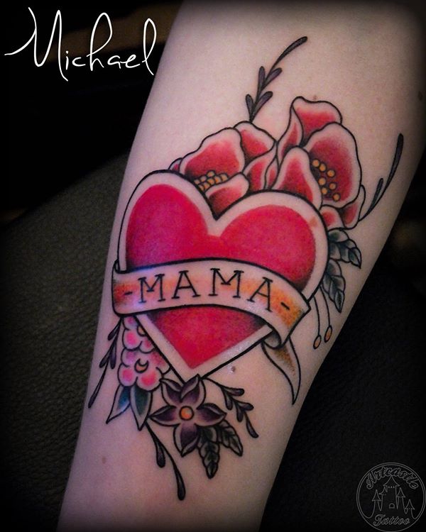 ArtCastleTattoo Tattoo ArtiestMichael Traditional heart with flowers and banner that says Mama with bold red and classic design. Old School