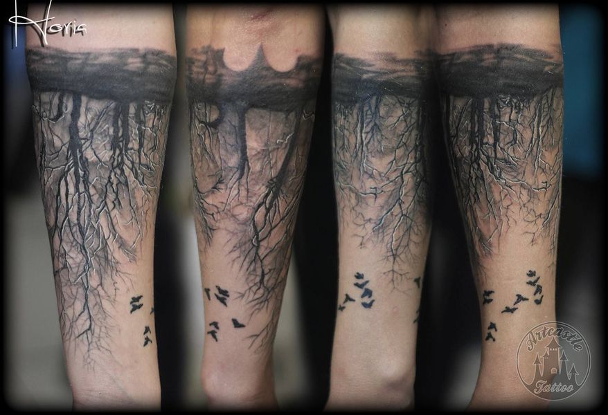 ArtCastleTattoo Tattoo ArtiestPrive Horia Black n grey forest tattoo on lower arm with birds Black n Grey