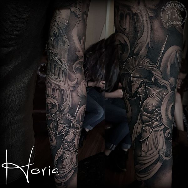 ArtCastleTattoo Tattoo ArtiestPrive Horia Greek tattoo sleeve with details in black n grey arm Sleeves