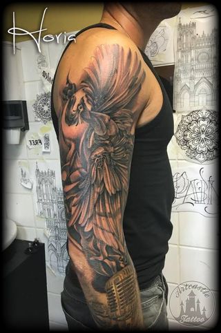 ArtCastleTattoo Tattoo ArtiestPrive Horia Phoenix in black n grey on arm Sleeves