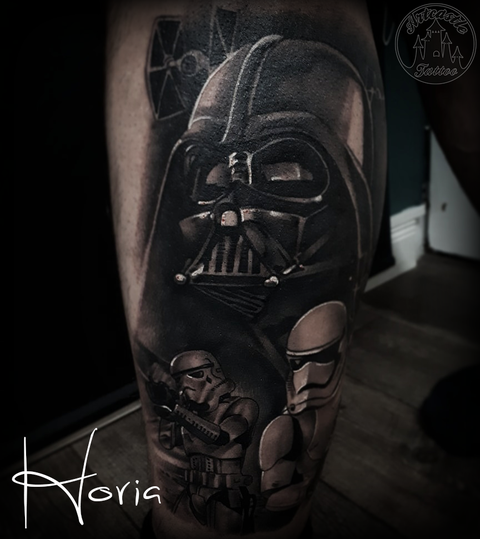 ArtCastleTattoo Tattoo ArtiestPrive Horia Realistic Darth Vader and storm troopers Star Wars tattoo black n grey leg Black n Grey