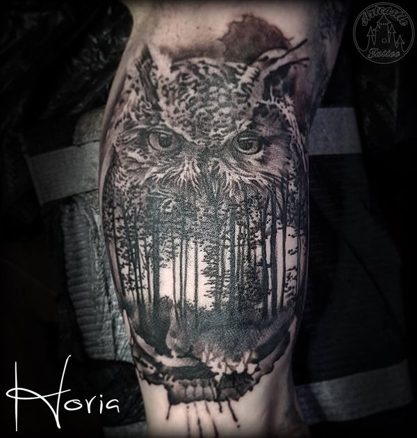 ArtCastleTattoo Tattoo ArtiestPrive Horia Realistic black n grey owl tattoo forest scene inside fusion realism tattoo on inner arm Black n Grey