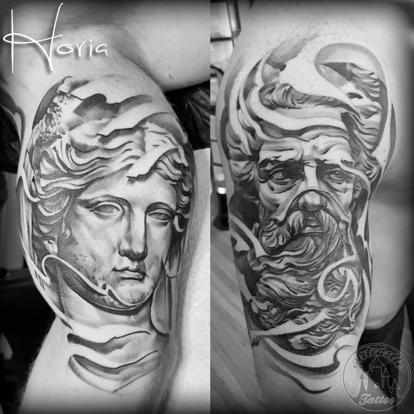 ArtCastleTattoo Tattoo ArtiestPrive Horia Realistic greek statue faces black n grey upper arm Black n Grey