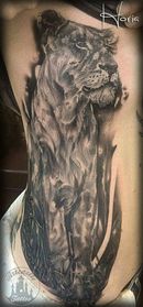 ArtCastleTattoo Tattoo ArtiestPrive Horia Realistic lioness tattoo black n grey on side Black n Grey