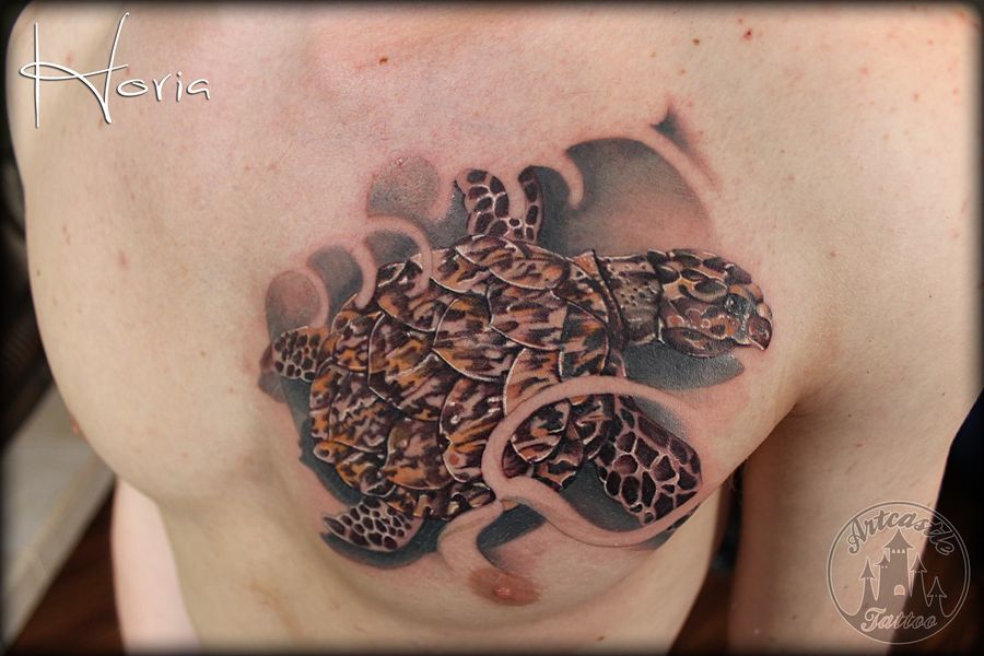 ArtCastleTattoo Tattoo ArtiestPrive Horia Realistic turtle tattoo full color chest Color