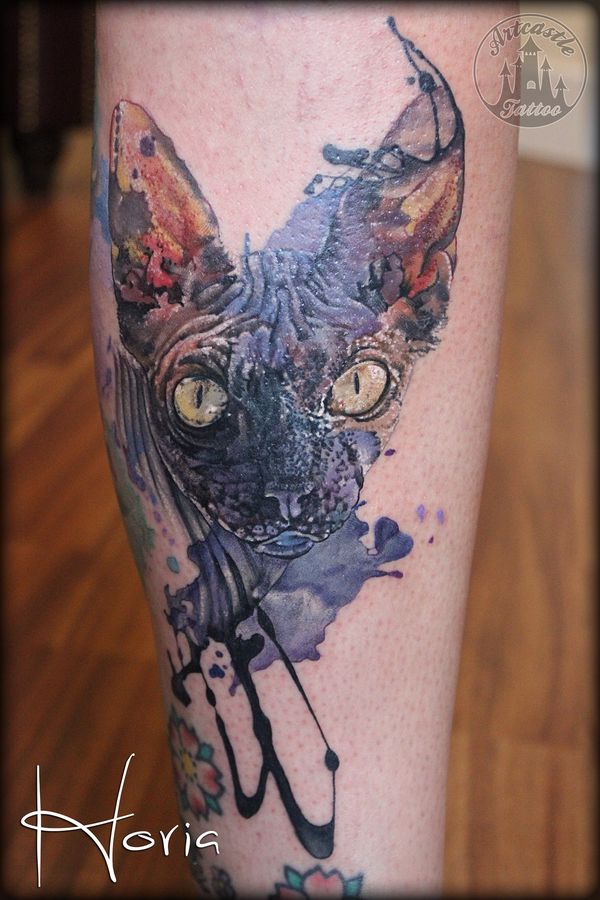 ArtCastleTattoo Tattoo ArtiestPrive Horia Realistic watercolor Sphinx cat tattoo full color Color