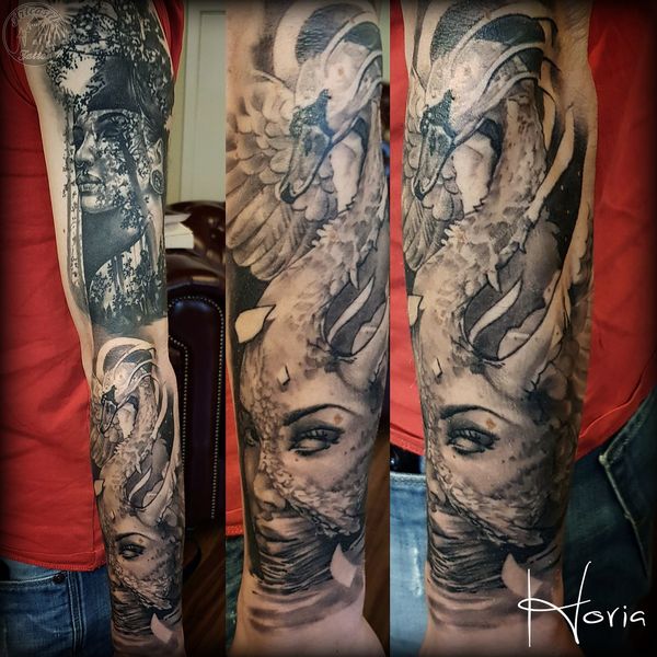 ArtCastleTattoo Tattoo ArtiestPrive Horia Womans face with swan morph in black n grey on lower arm Sleeves