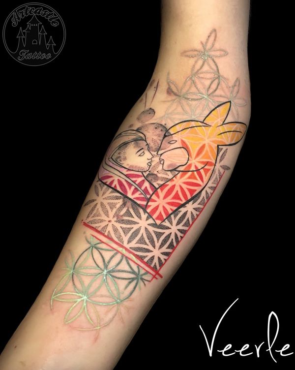 ArtCastleTattoo Tattoo ArtiestVeerle 2 lovers with geometrical elements Color