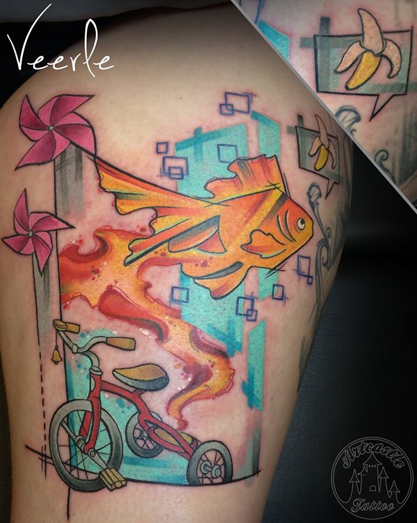 ArtCastleTattoo Tattoo ArtiestVeerle Bike fish and a banana Color