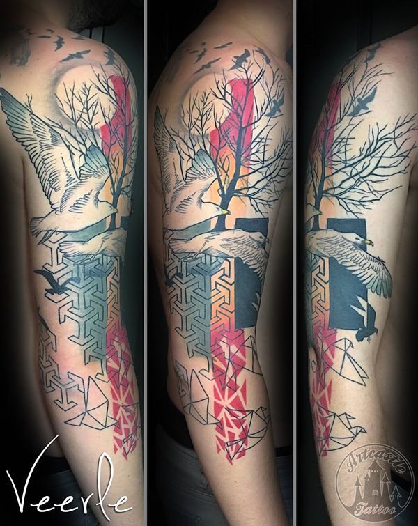 ArtCastleTattoo Tattoo ArtiestVeerle Birds with trees and geometrical elements abstract Color