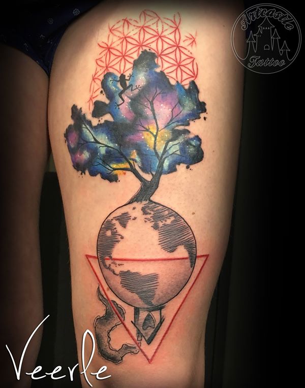 ArtCastleTattoo Tattoo ArtiestVeerle Galaxy tree on a world Color