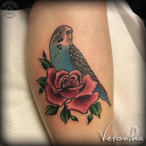 ArtCastleTattoo Tattoo ArtiestVeronika Blue parakeet with rose in color Neo Traditional