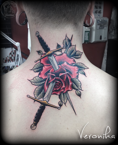 ArtCastleTattoo Tattoo ArtiestVeronika Neo traditional rose with two daggers Neo Traditional